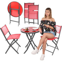 BALCONY FURNITURE SET ROUND TABLE AND 2 FOLDING CHAIRS RED