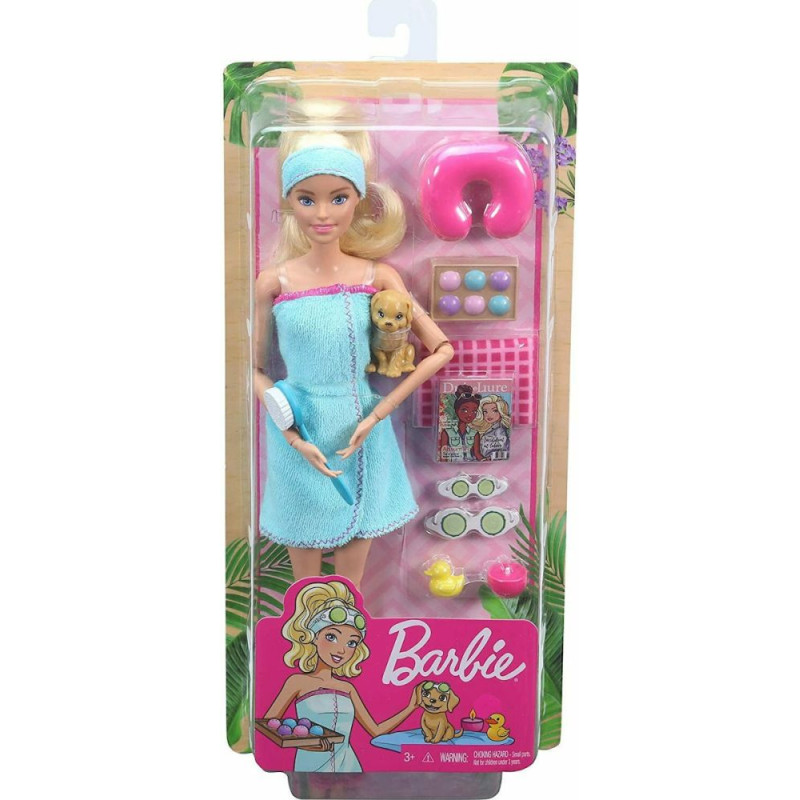 Mattel Barbie - Wellness Spa Blonde Doll with Puppy And 9 Accessories (GJG55)