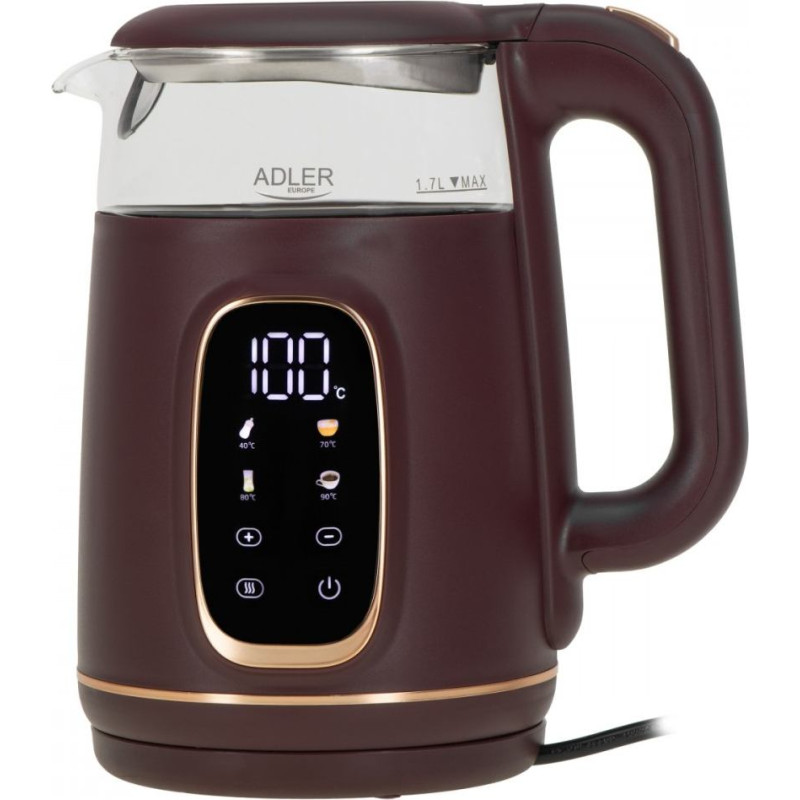 Adler Czajnik 1,7l z wyświetlaczem led, regulacja temperatury  ad 1305 burgundy