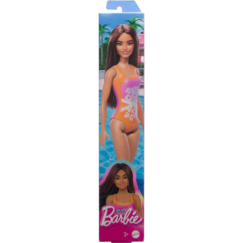 Mattel Barbie: Beach - Light Brown Hair Doll Wearing Tropical Pink and Orange Swimsuit (HPV21)