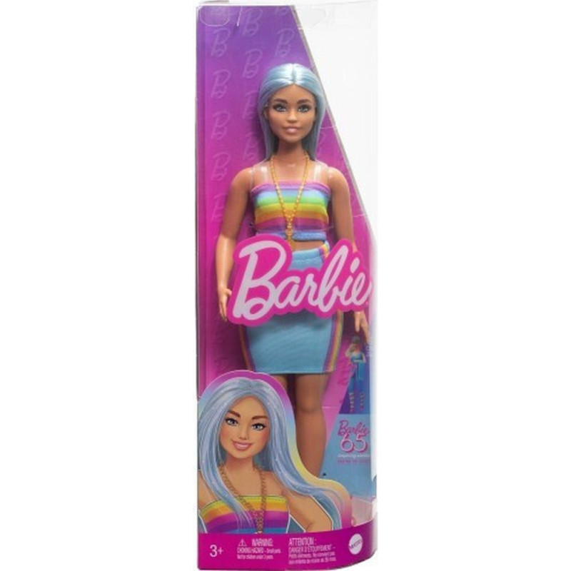 Mattel Barbie Doll - Fashionistas #218 Long Blue Hair Curvy Doll with Rainbow Top  Teal Skirt (HRH16)