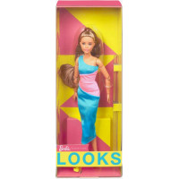 Mattel Barbie Signature Looks: Short Doll with Brunette Ponytail Turquoise/Pink Dress Model #15 (HJW82)