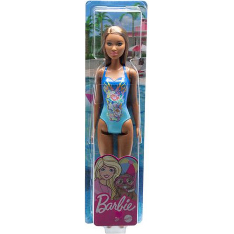 Mattel Barbie Doll Beach - Dark Skin Doll with Flowers Blue Swimsuit (HDC51)