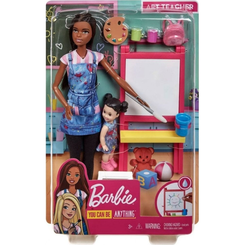 Mattel Barbie You Can be Anything - Dark Skin Doll Art Teacher with Brunette kid Doll (GJM30)