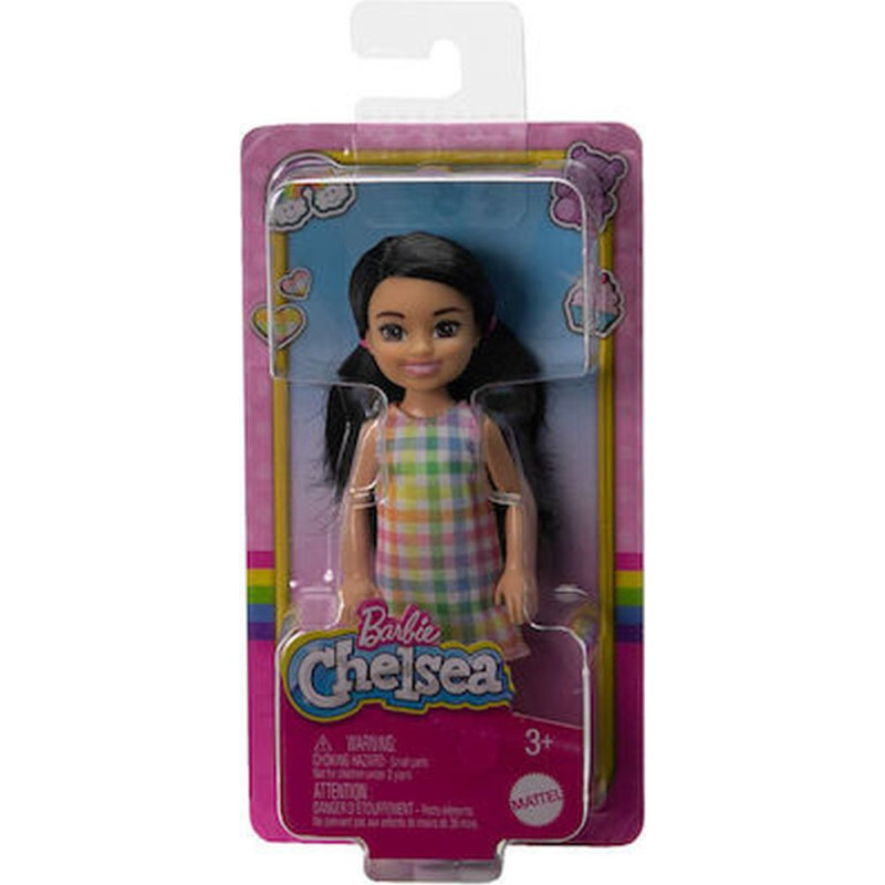 Mattel Barbie Club Chelsea Mini Girl Doll - Small Doll with Black Hair in Pigtails Wearing Removable Plaid Dress Pink Shoes (HKD91)