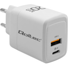 Qoltec Ładowarka sieciowa 20w gan | 5-20v | 1.5-3a | 1xusb-c pd | 1xusb qc 3.0 | biała