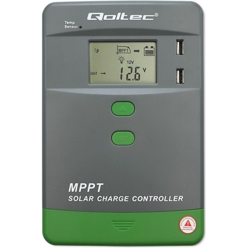 Qoltec Solarny regulator ładowania mppt z czujnikiem temperatury 30a |  12v/24v | lcd | 2xusb | bluetooth | app | gel | lifepo4