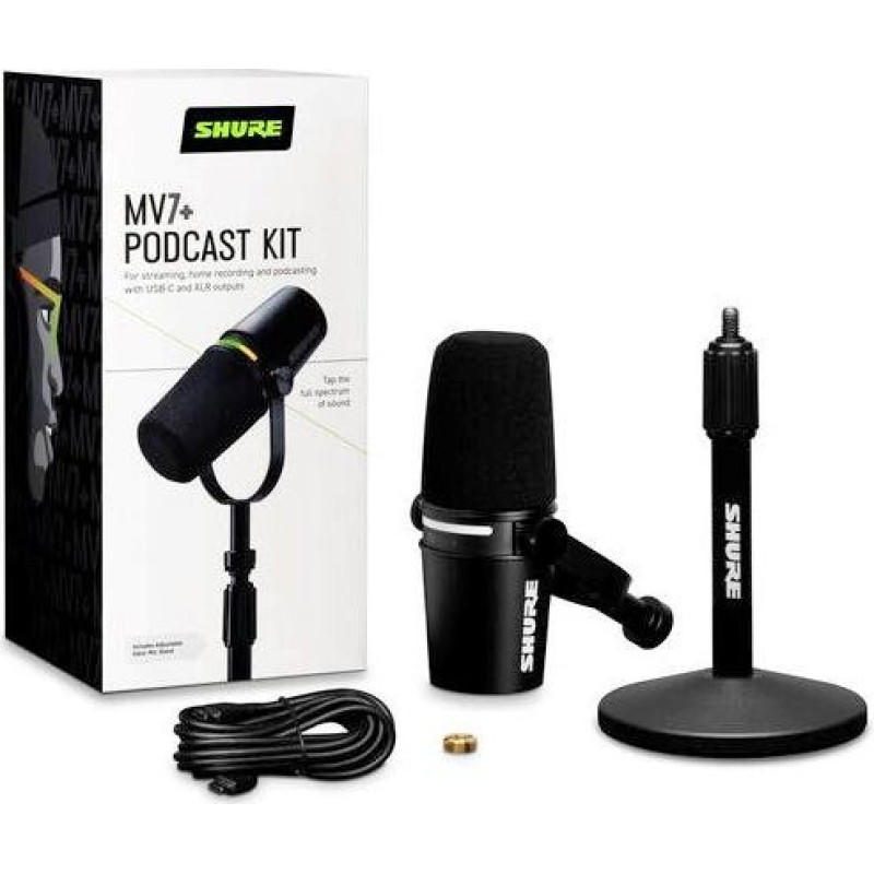 Shure mv7+-k-bndl - mikrofon lektorski/wokalny ze złączem xlr/usb-c czarny + statyw biurkowy gator