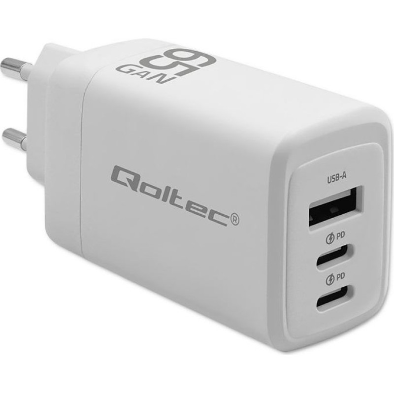 Qoltec Ładowarka sieciowa 65w gan | 5-20v | 3-3.35a | 2xusb-c pd | 1xusbqc 3.0 | biała