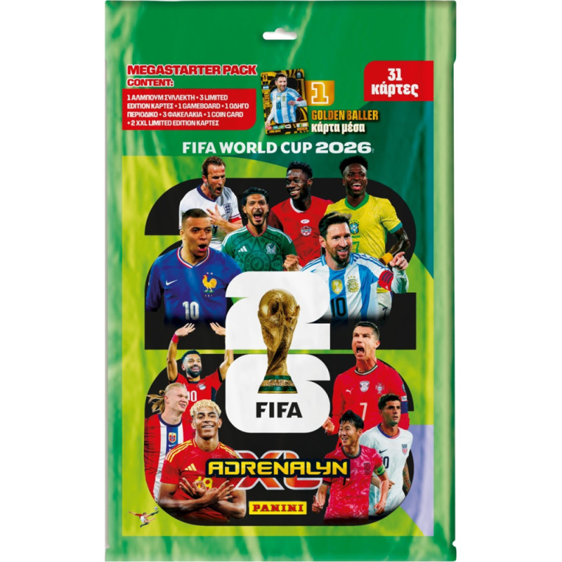 Panini World Cup 2026: Adrenalyn Mega Starter Pack (1 binder, 1 οδηγό συλλογής, 1 game board, 3 φακελάκια με 8 κάρτες έκαστο, 3 limited edition κάρτες, 2 XXL Limited edition κάρτες, 1 golden baller κάρτα & 1 coin card)