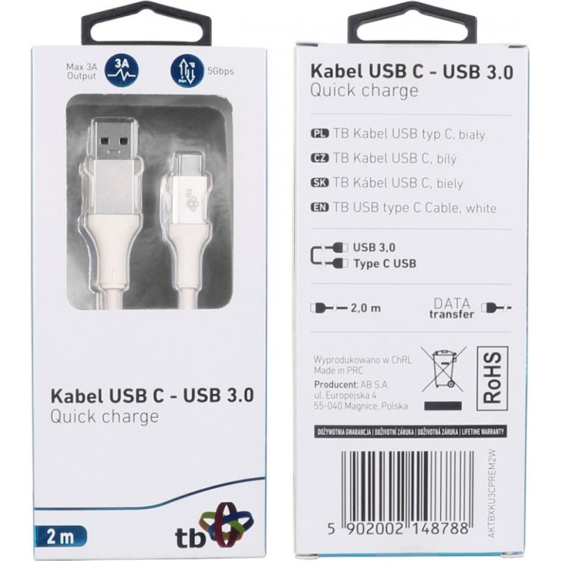 TB Kabel usb 3.0 - usb c 2m premium 3a biały tpe