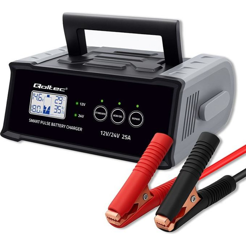 Qoltec Mikroprocesorowa ładowarka 12v 24v 25a | prostownik z funkcją naprawy do akumulatora agm gel sla | lcd
