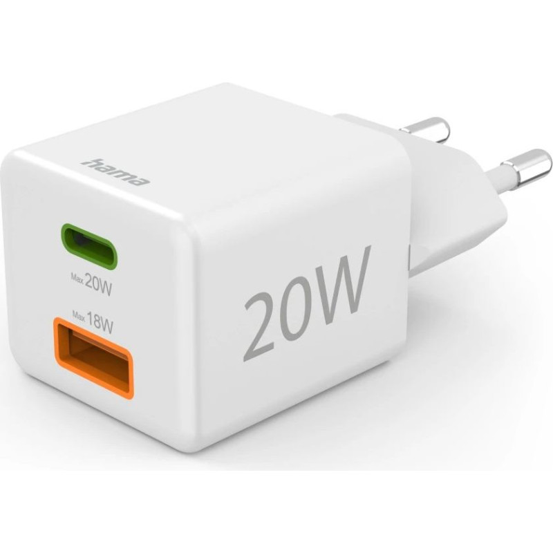Hama 00201991 Fast Charger 1x USB-C 1x USB-A, Mini Charger, PD, 20W, White