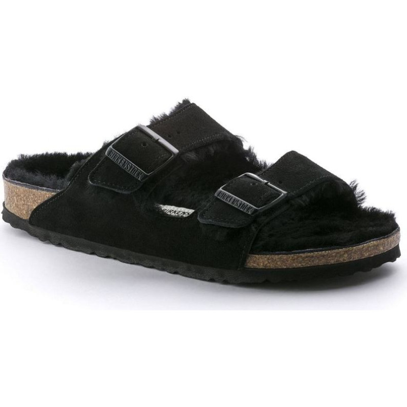 Birkenstock Arizona VL Shearling Black Suede Leather Regular Wide Women's Insulated Flip-Flops with Lambswool (0752661) (41.0)