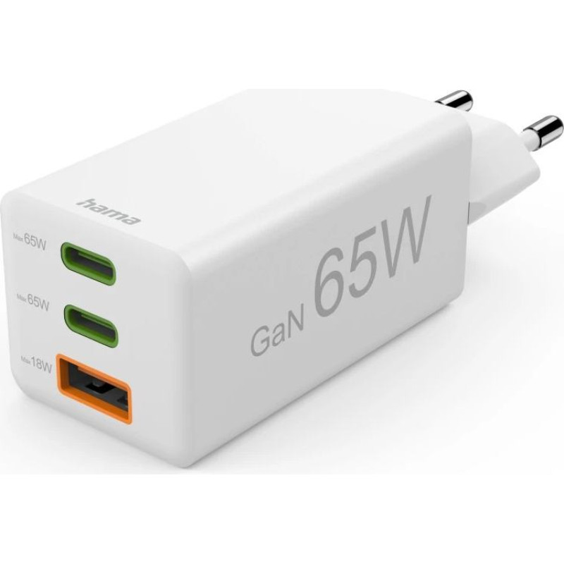 Hama 00201996 Fast Charger GaN, 2x USB-C, 1x USB-A, Mini Charger, PD, 65W, White