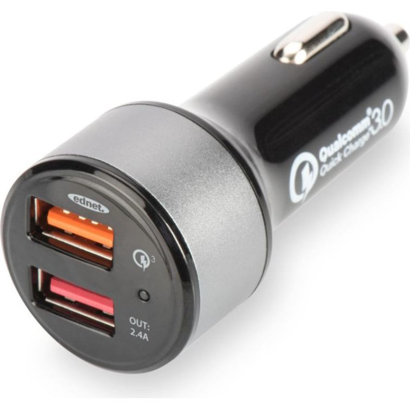 Ednet Ładowarka samochodowa qualcomm quick charge 3.0, 2xusb (3a/2.4a), czarno-srebrna