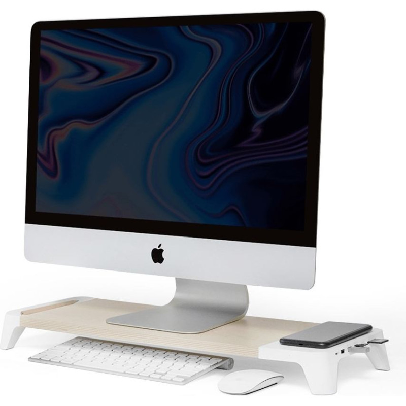 Pout eyes8 ? podstawka pod monitor z szybką ładowarką oraz bezprzewodowym ładowaniem urządzeń, 3-w-1, kolor biały