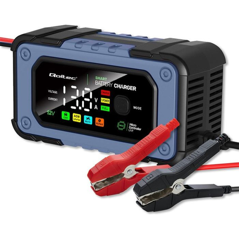 Qoltec Prostownik do akumulatora z funkcją naprawy | inteligentna mikroprocesorowa ładowarka | 12v | 7a | led | 4 tryby