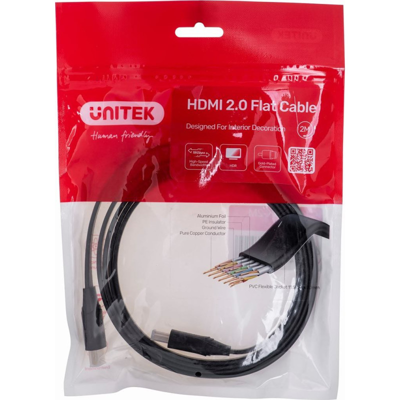 Unitek kabel hdmi 2.0 4k60hz, płaski, 2m, c11063bk-2m
