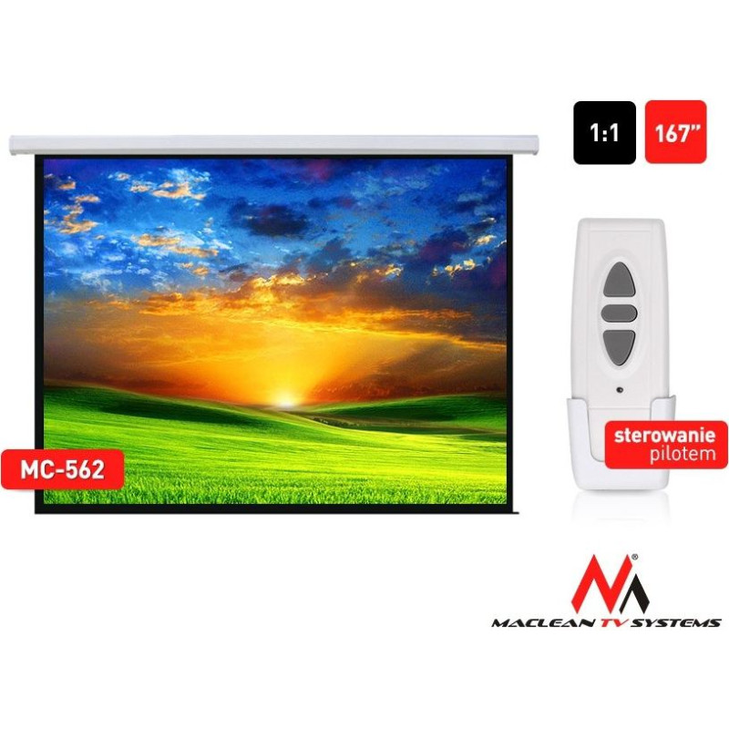 Maclean Ekran projekcyjny elektryczny mc-562 167 cali 1:1 300x300cm sterowanie ścienne z pilota