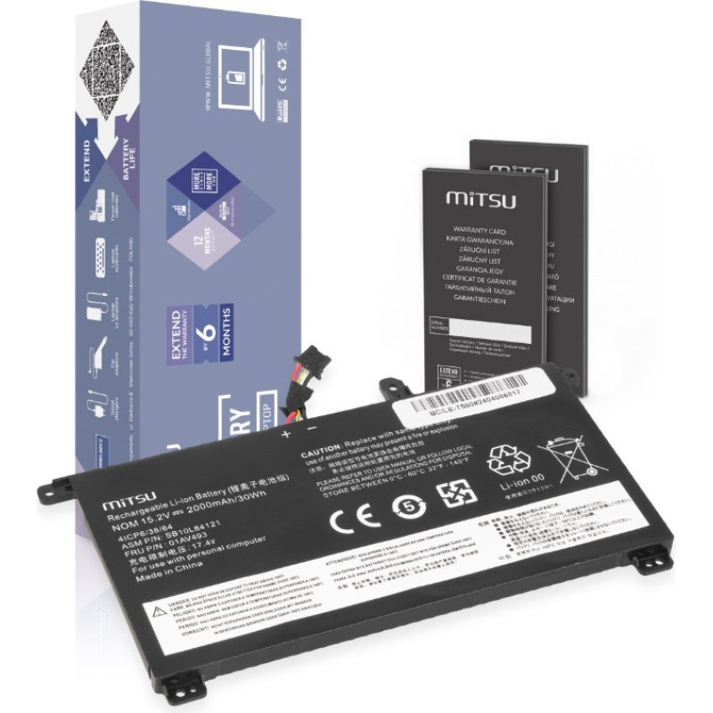 Mitsu Bateria 01av493 do lenovo thinkpad t570 t580 p51s 2000 mah (30 wh) 15.2v