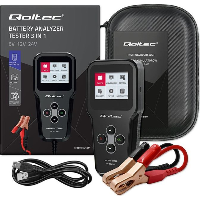 Qoltec Cyfrowy tester akumulatora 3w1 z lcd | 6v | 12v | 24v | 30ah-    200ah