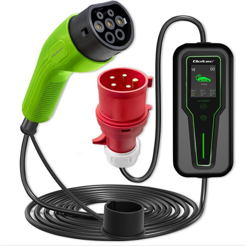Qoltec 52467 mobilna ładowarka do samochodu elektrycznego ev z regulacją 2w1 typ2 | 11kw | 3 fazy | cee 5 pin| lcd |przenośna | wallbox | 5m
