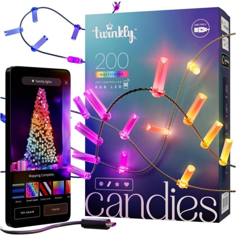 Twinkly candies ? 200 lampki w kształcie świeczki rgb leds, zielony przewód, usb-c