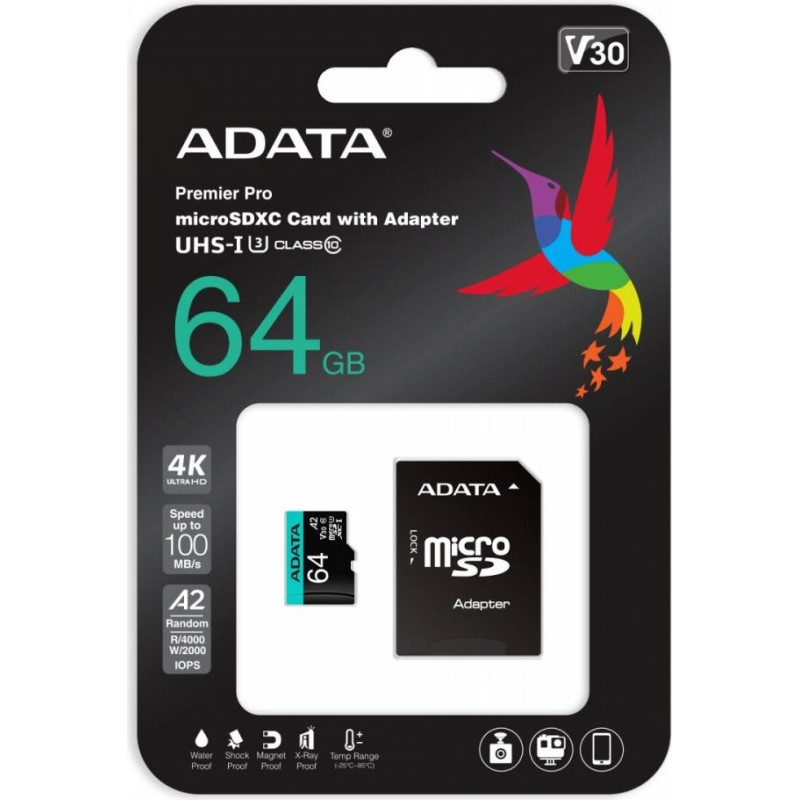 Adata Karta pamięci microsd premier pro 64gb uhs1 u3 v30 a2 + adapter