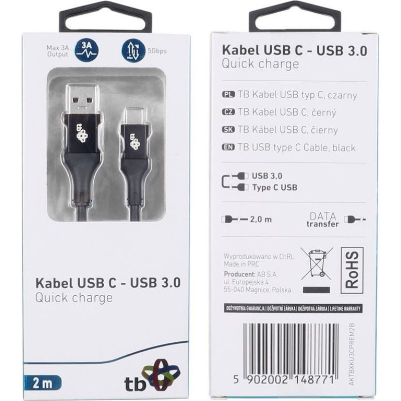 TB Kabel usb 3.0 - usb c 2m premium 3a czarny tpe