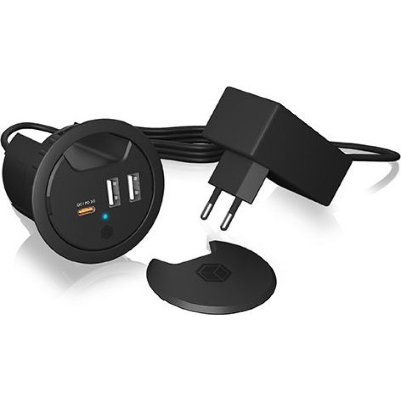 Icybox Ib-hub1407 3 port ładowarka do biurka, 2x usb-a, 1x  usb-c, otwór 60mm
