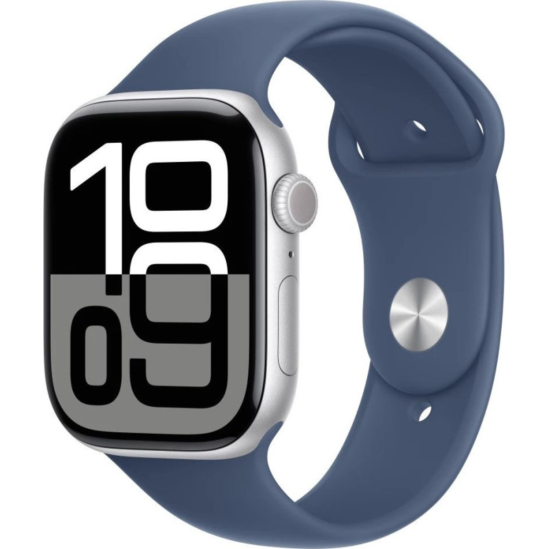 Apple Watch series 10 gps, koperta 46 mm z aluminium w kolorze srebrnym z paskiem sportowym w kolorze denim - rozmiar s/m