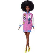 Mattel Barbie Doll - Fashionistas #156 - Curly Brunette Hair Black Skin Doll with Letterman Jacket (GRB48)