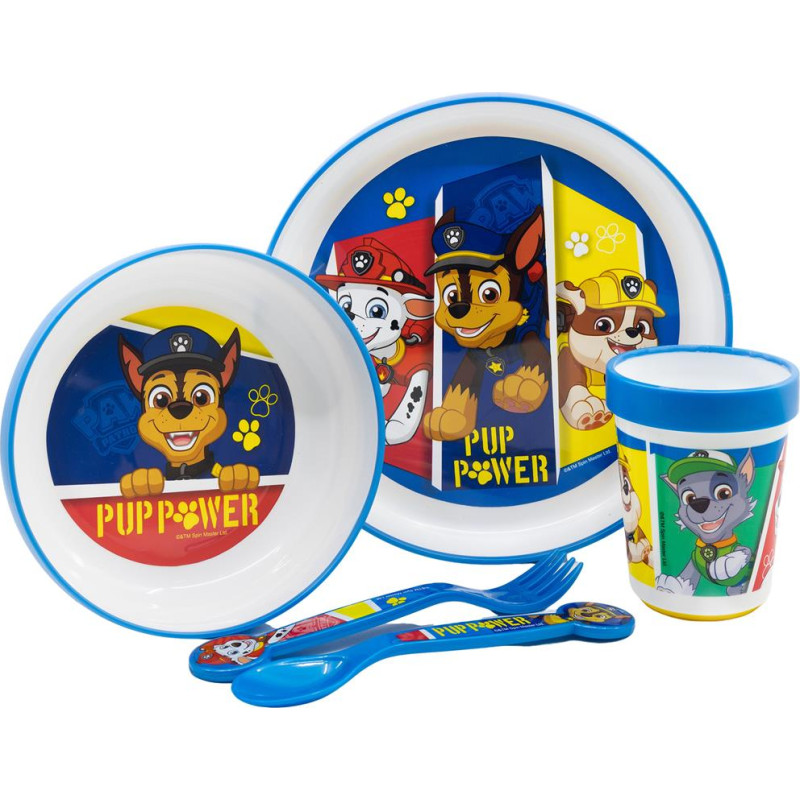 Stor : Paw Patrol - Pup 5 Pcs Non Slip Bicolor Premium Set (Plate Bowl Tumbler 260 Ml  Cutlery) (260ml) (74681)