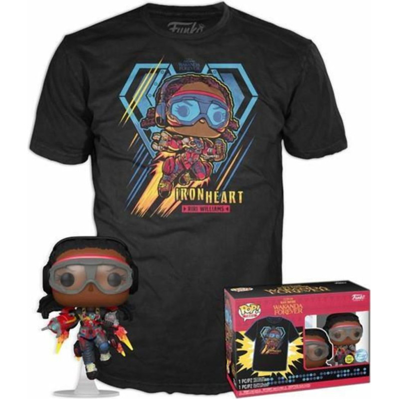 Funko Pop!  Tee (Adult): Marvel Black Panther Wakanda Forever - Iron Heart Riri Williams (Glows in the Dark) Bobble-Head Vinyl Figure and T Shirt (S)